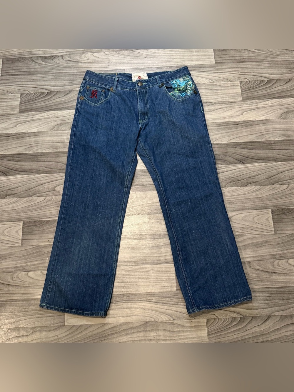 SIZE 38x32 VINTAGE KANJI DESIGNER DARK WASH BLUE DENIM EMBROIDERED JEANS
